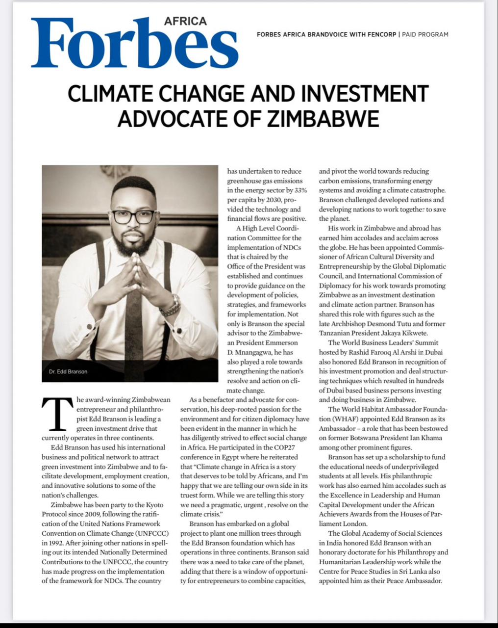 Forbes Africa Brand Voice feature on Dr. Edd Branson